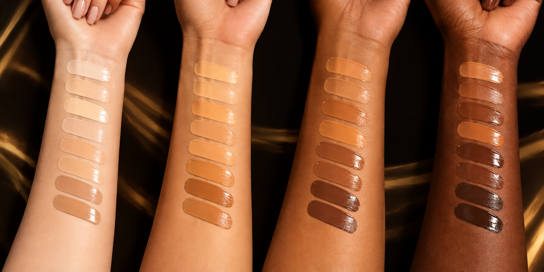 Foundation swatches on four skin tones